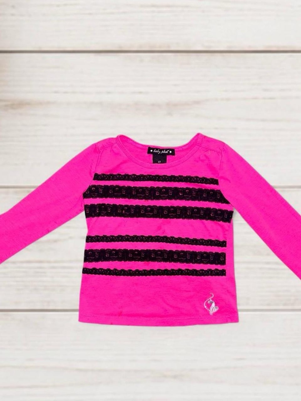 Baby Phat Girls Hot Pink Black Lace Striped Long Sleeve Top Size 4T Y2K Cat Logo
